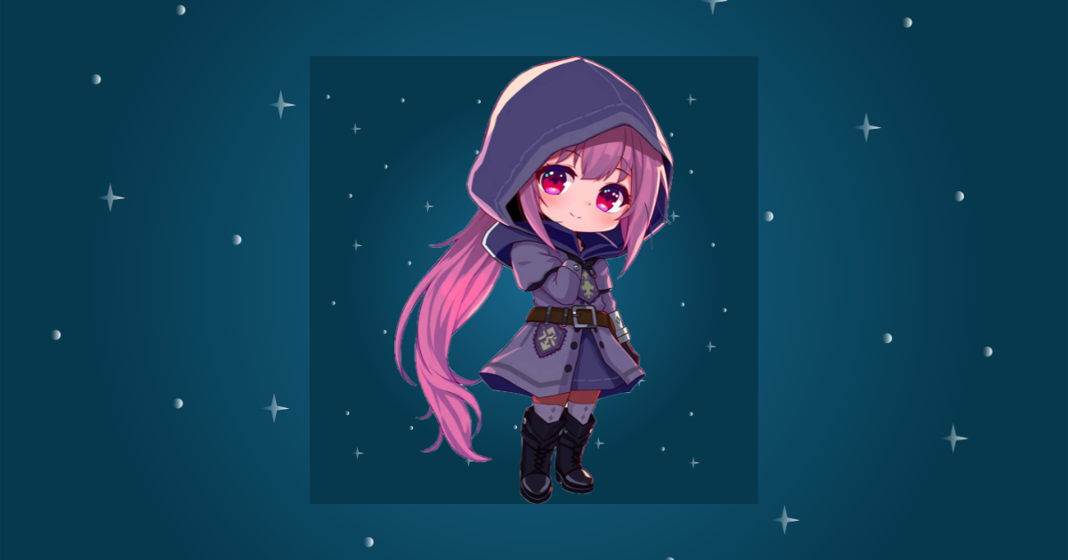 Cute chibi-style anime mage girl with pink hair and a purple cloak under a starry sky.